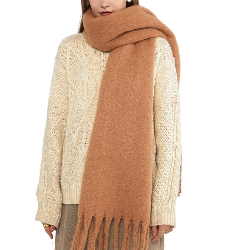 Luxury Cashmere Scarf for Women - Thickened Warm Shawl with Classic Tassels, Soft Solid Color Wrap for Autumn and Winter