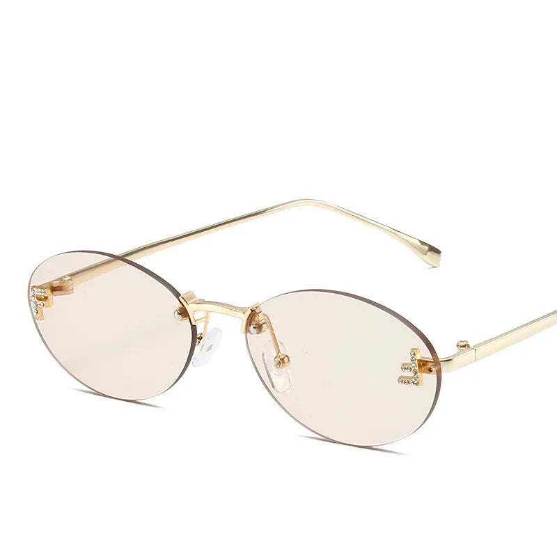 Diamond Letter "F" Rimless Sunglasses | Women’s Luxury Metal Frame Black Oval UV400 Shades