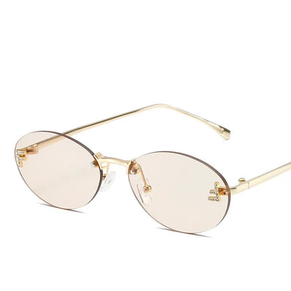 Diamond Letter "F" Rimless Sunglasses | Women’s Luxury Metal Frame Black Oval UV400 Shades