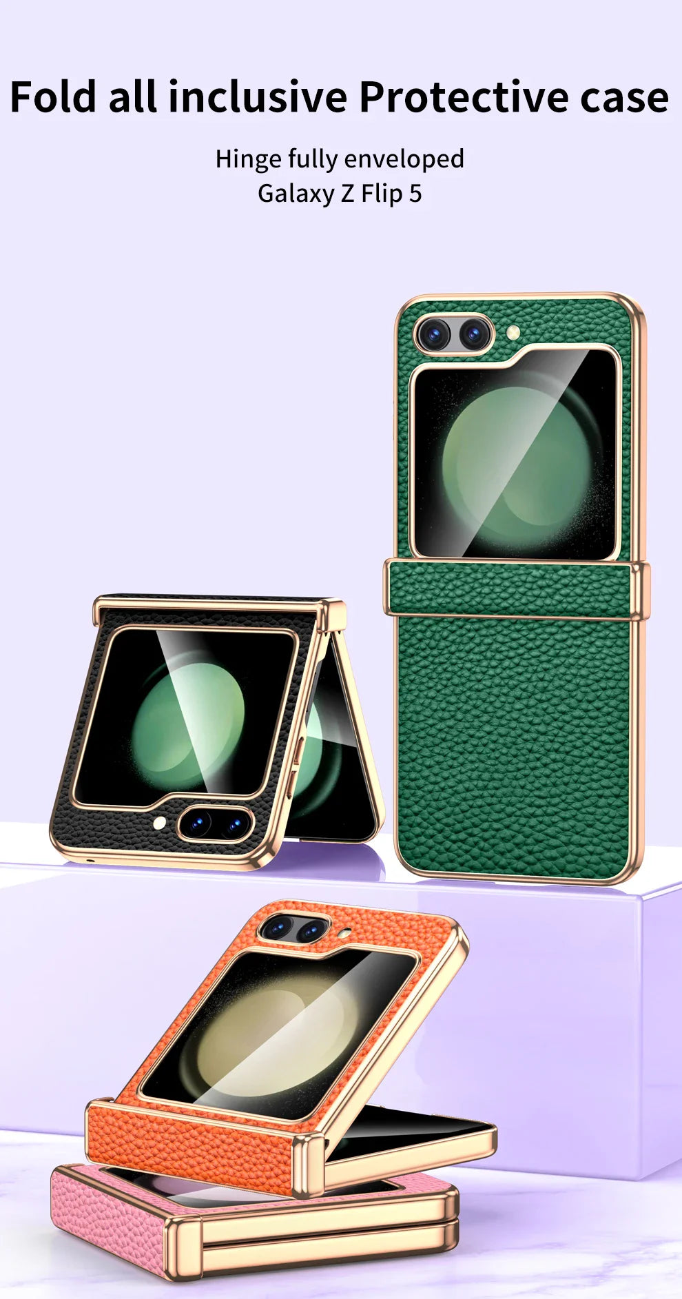 Cowhide Leather Samsung Galaxy Z Flip Case — Luxury Hinge Protection Cover with Tempered Glass for Flip 5/6/7