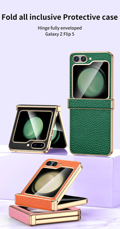 Cowhide Leather Samsung Galaxy Z Flip Case — Luxury Hinge Protection Cover with Tempered Glass for Flip 5/6/7