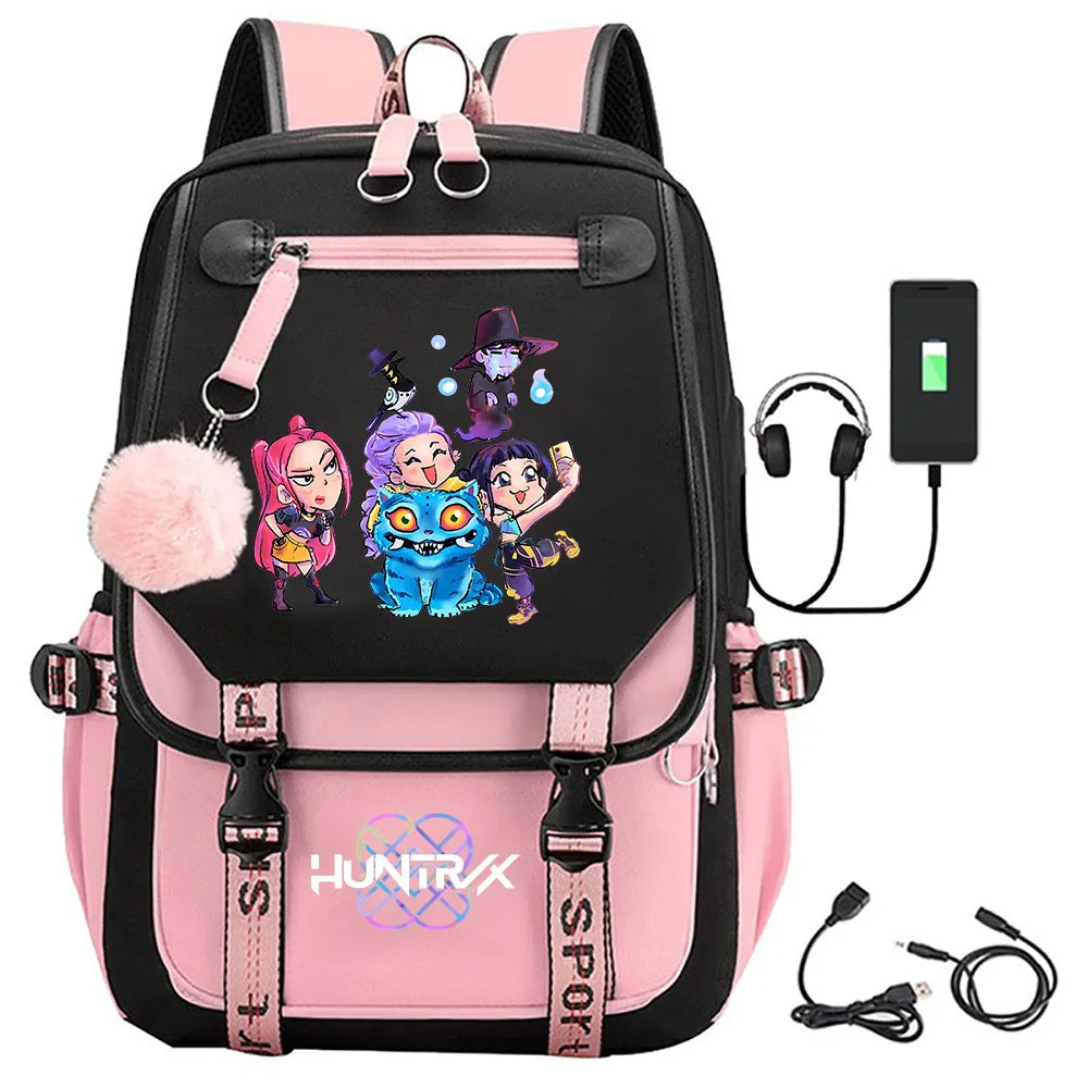 KPop Demon Hunters Print Backpack — Large Capacity School Bag for Rumi, Mira & Zoey Fans, Casual Canvas Travel & Bookbag