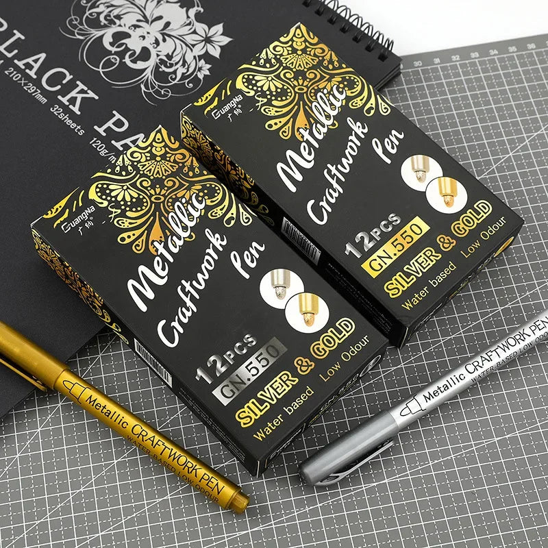 2/1Pc Brush Metallic Marker Pens - Gold and Silver Permanent Art Markers for Manga, Crafts, Scrapbooking, and School Stationery Supplies