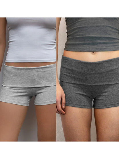 Summer Women’s Slim Solid Color Yoga Shorts — Casual Fold-Over Low Waist Lounge Shorts