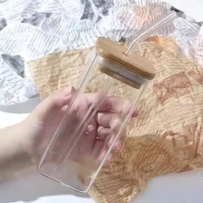 Square Heat-Resistant Coffee Glass Cup with Lid and Straw - Transparent Milk Tea, Juice, and Coffee Mug for Home Bar Drinkware
