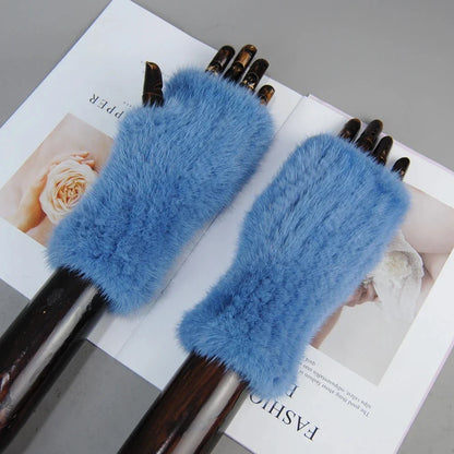 Women’s Winter Mink Fur Gloves – 100% Natural Fingerless Knitted Mittens for Warmth