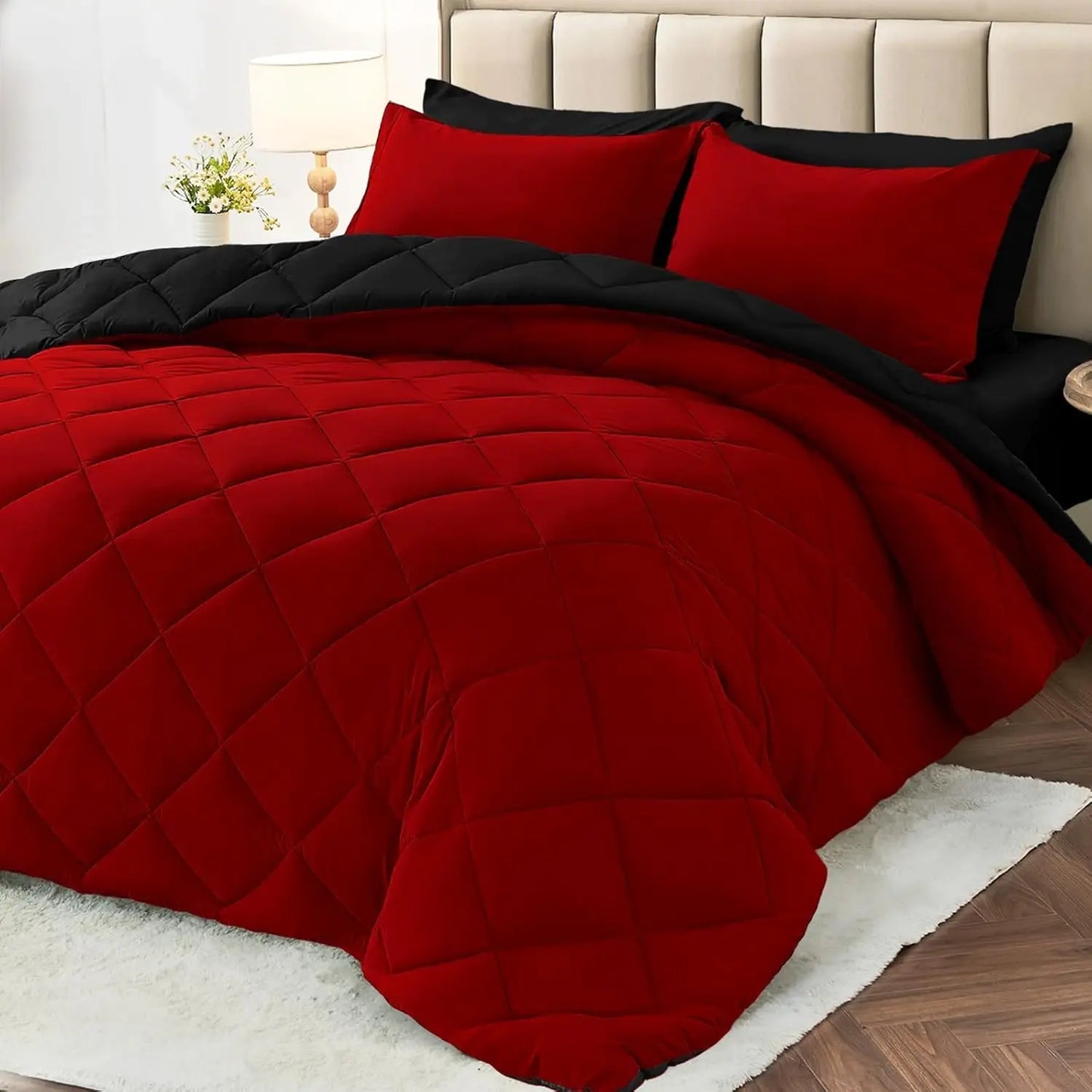 Reversible Queen/King Comforter Set – All-Season Bedding with Ultra-Soft Comforter & Pillow Shams, Red & Black