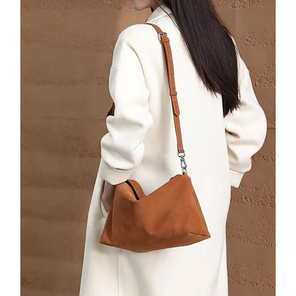 Simple Autumn Winter Grey & Brown Boston Tote — Soft Matte Suede Cow Leather Women's Shoulder Handbag