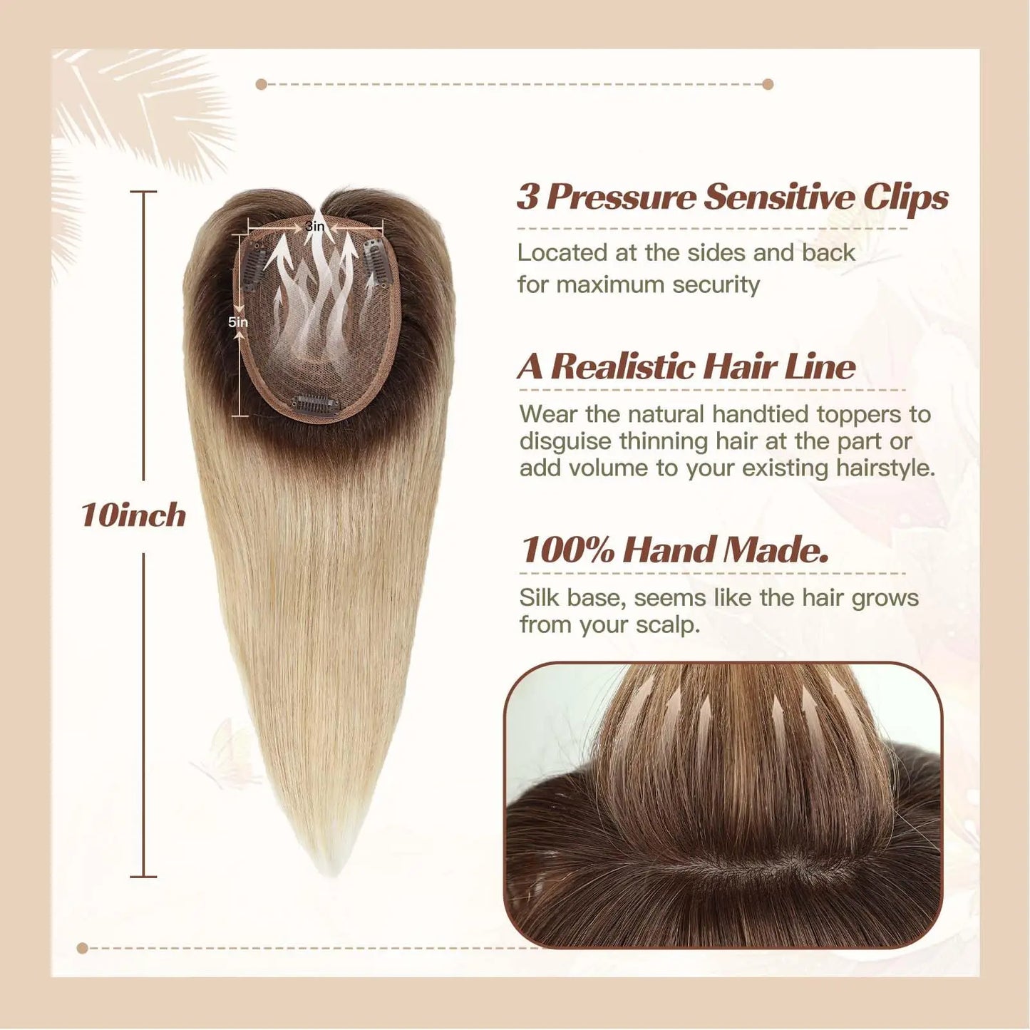 Ombre Brown Blonde Remy Human Hair Topper – 14 Inch Silk Base Clip-In Wig with Bangs for Women