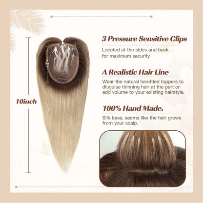 Ombre Brown Blonde Remy Human Hair Topper – 14 Inch Silk Base Clip-In Wig with Bangs for Women