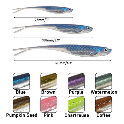 Dr.Fish 5/6pcs Soft Fishing Lures — Saltwater Silicone Fork Tail Drop Shot Baits for Bass, Trout, Pike, Walleye, Weedless