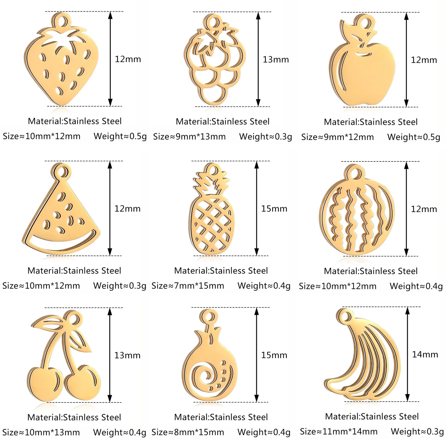 5pcs Stainless Steel Fruit Charms – Strawberry, Cherry, Pineapple & Watermelon Pendants for DIY Bracelets & Necklace Jewelry Making