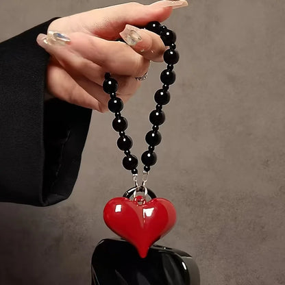 Red 3D Love Heart Beaded Phone Strap - Handmade Phone Charm Lanyard & Mobile Jewelry Gift
