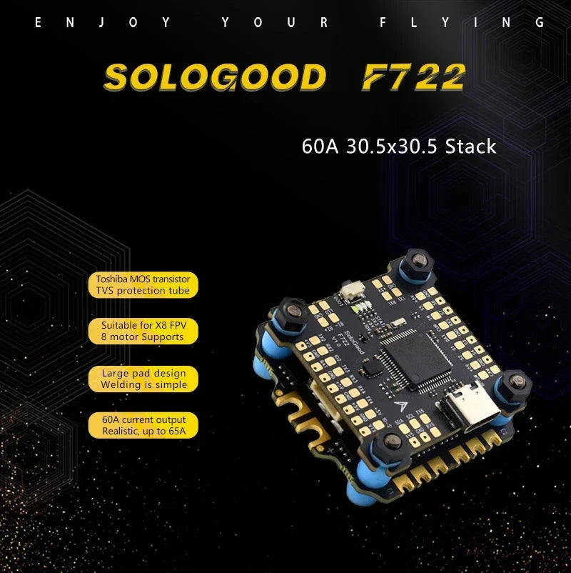 SoloGood F722 Flight Controller & BLHELI_S 60A 4-in-1 ESC Stack – FPV Drone Parts Kit