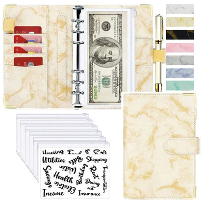 A6 Money Saving Organizer – PU Leather Budget Binder with Marble Notebook, 2023 Budget Planner, Envelope Office & School Supplies