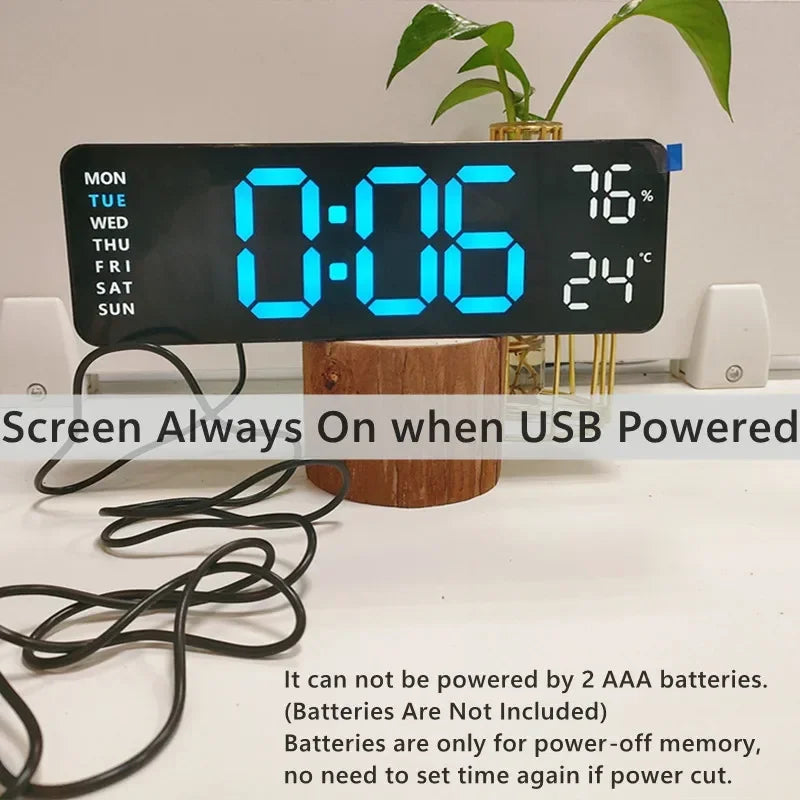 9-Inch Digital Wall Clock — USB Powered LED Table Clock with Temperature, Humidity, Week Display, Auto Dimmer, DST, 12/24H & Alarm
