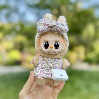 Cute 17cm Labubu Idol Doll Outfit – Camellia Dress, Bag & Shoes Set for Mini DIY Monster Sitting Party Collection