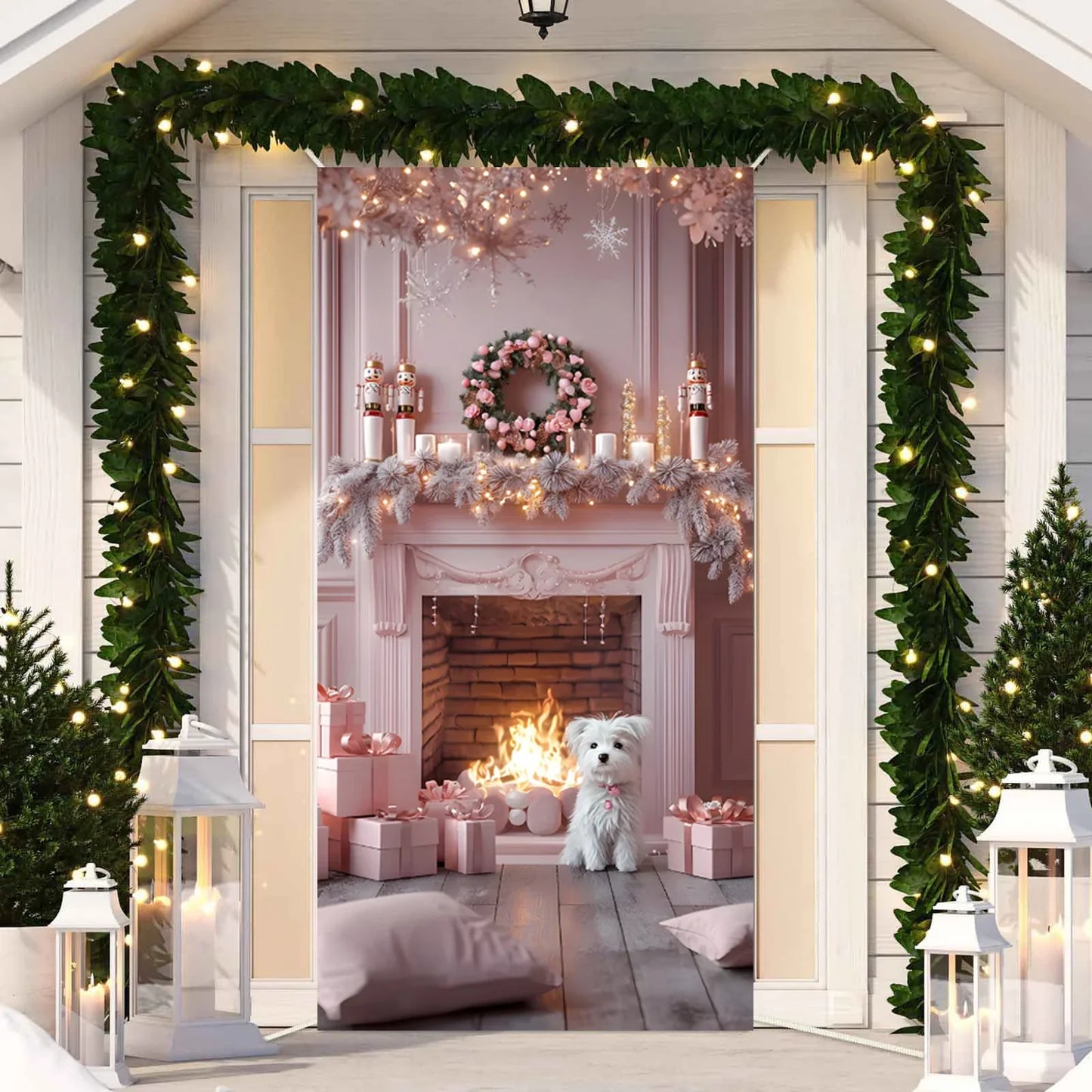 Cute Animals Christmas & New Year Door Cover – Dog, Cat, Snowman, Gingerbread Man Holiday Outdoor Winter Decoration Gift