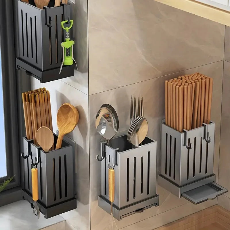 1 Piece Kitchen Chopsticks Holder - Multifunctional Wall-Mounted Utensil Drying Rack with Hooks, No Drilling Required, for Spoons and Forks
