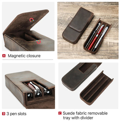 Luxury Genuine Leather 3-Slot Pen Case: Removable Pen Tray Holder - Office & School Supplies Pouch, Creative Gift