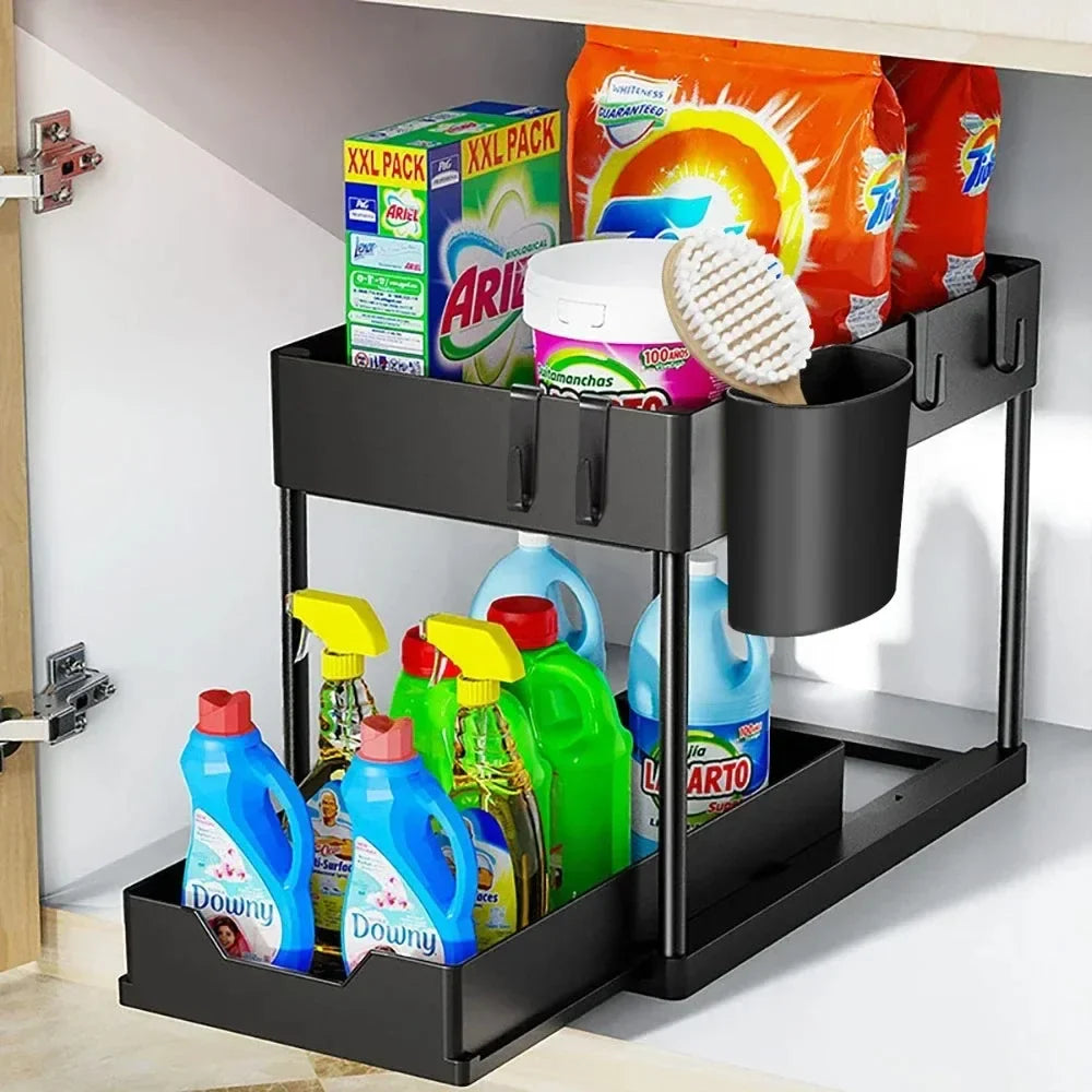 2-Tier Under Sink Sliding Cabinet Organizer — Basket Storage Rack with Hooks for Bathroom & Kitchen