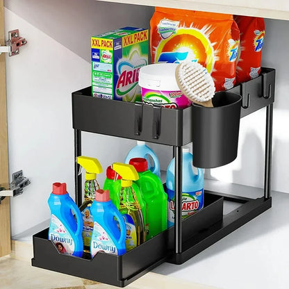 2-Tier Under Sink Sliding Cabinet Organizer — Basket Storage Rack with Hooks for Bathroom & Kitchen