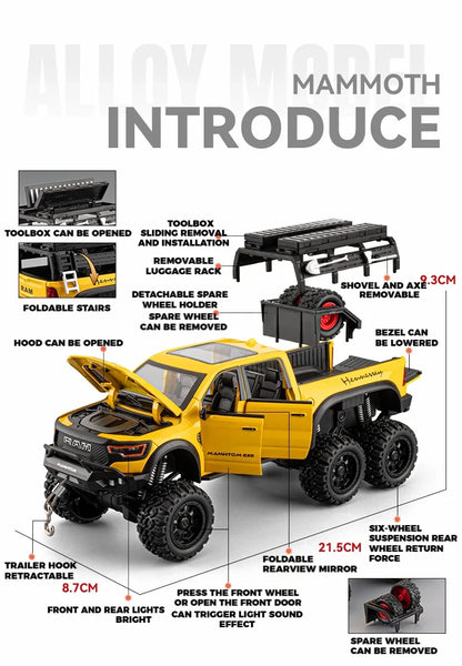 1:24 Dodge Mammoth RAM 1000 TRX 6x6 Diecast Model Car – Metal Alloy Toy with Lights for Kids & Collectors Gift