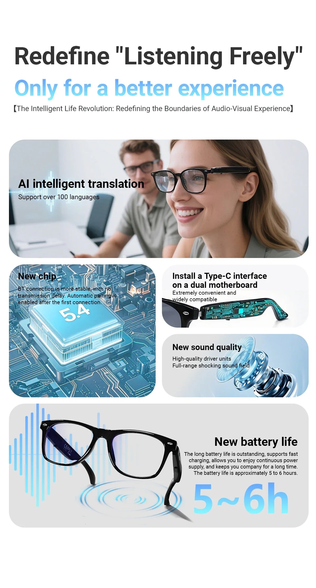 Smart Glasses with AI Translation – Supports 100+ Languages, Bluetooth TWS, Calls, Music, Noise Reduction & Light Control for Men & Women