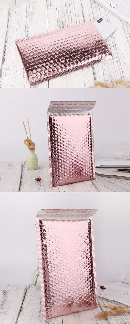 10PCS Rose Gold Metallic Bubble Mailers – Foil Padded Shipping Envelopes, Aluminized Gift Packaging Postal Bags