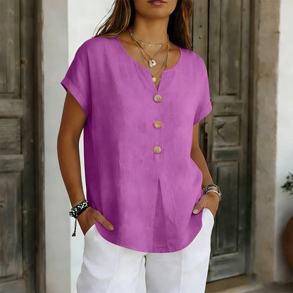 Women’s 2026 Summer Cotton Linen V-Neck Blouse – Solid Color Short Sleeve Loose Button Casual Plus Size Shirt