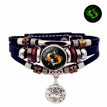 Luminous 12 Constellation Vintage Bracelet - Braided Punk Leather Glow-in-the-Dark for Men & Women, Birthday Gift