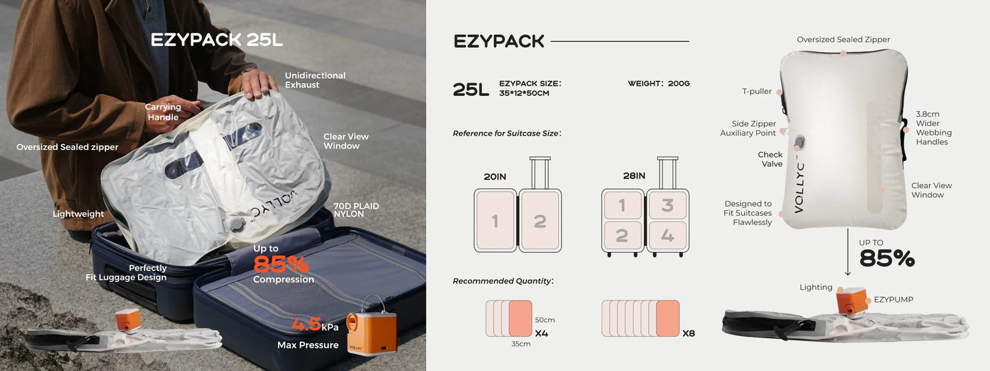 FLEXTAIL x VOLLYC EZYPACK 25L Vacuum Storage Bag — 85% Compression, Waterproof & Tear-Resistant Nylon for Travel & Camping