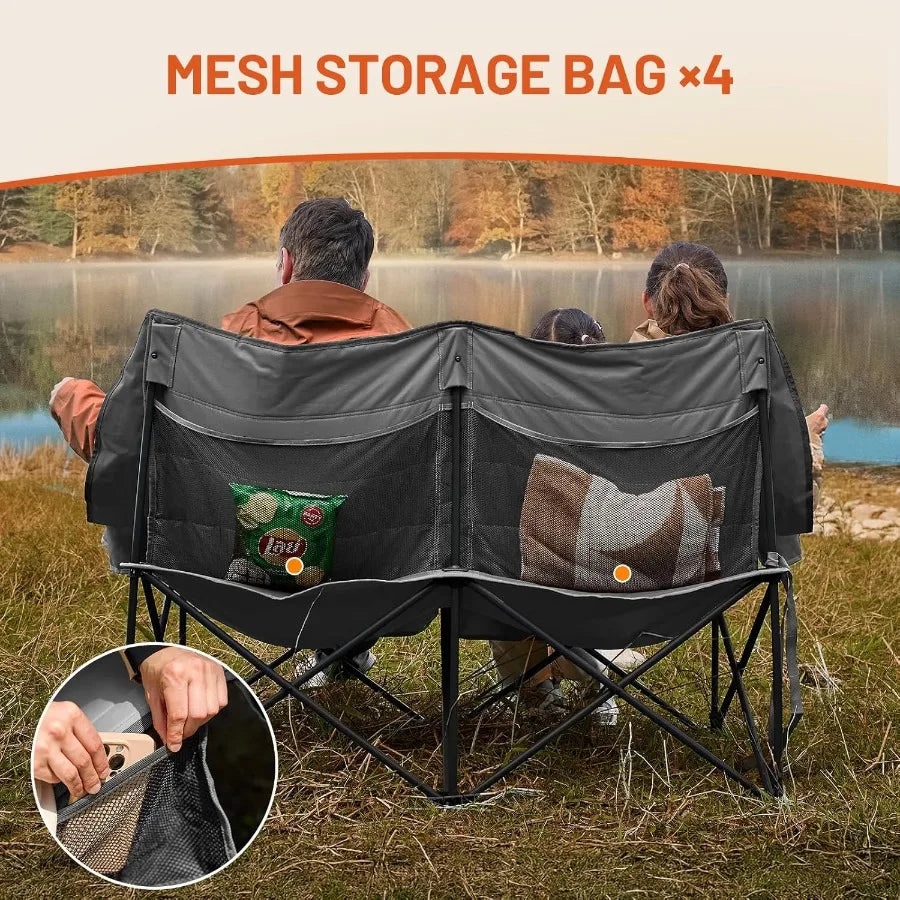 Heated Double Camping Chair – 700 lbs Heavy-Duty Outdoor Folding Camp Couch with Comfort & Durability