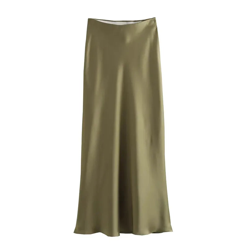 TRAF Women’s 2024 Satin Skirt — High Waist Black Midi Summer Skirt, Elegant Office Long Skirt for Women