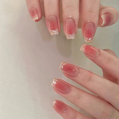 24pcs Goldfish Pattern Almond Press-On Nails – Simple Nude Pink Wearable Detachable False Nail Manicure Set