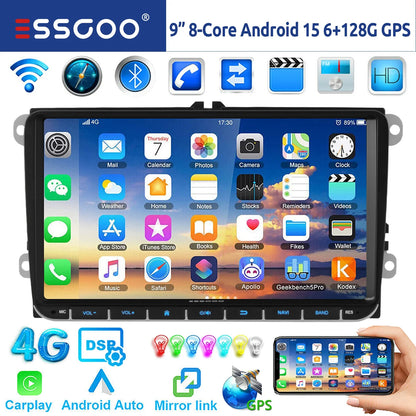 9" Android 15 Car Stereo - 6GB+128GB Wireless CarPlay GPS WiFi Bluetooth FM for VW