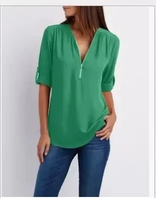 Women’s 2025 Hot Sale Loose Chiffon Blouse – Deep V-Neck Casual Top with Zipper Pullover Plus Size
