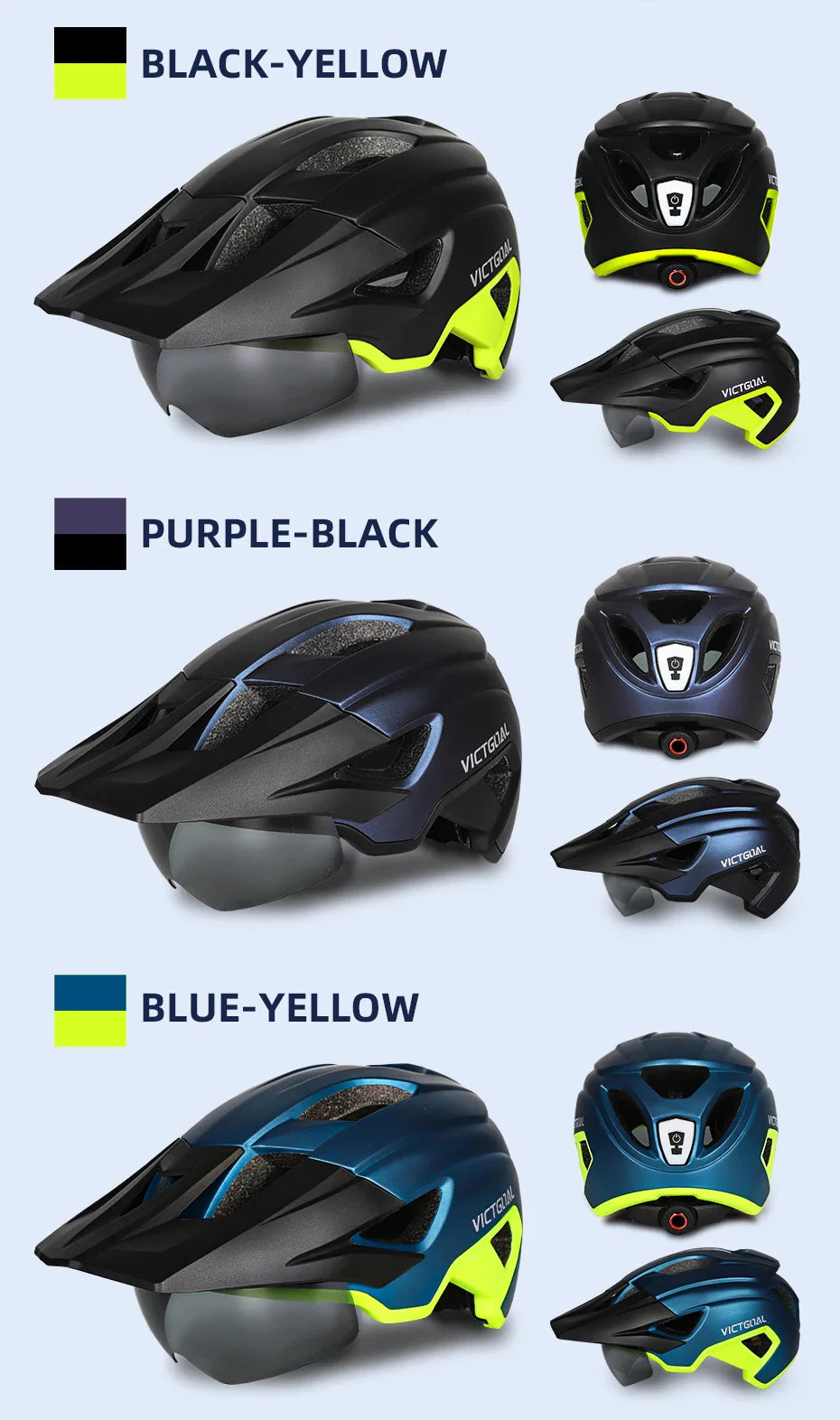 VICTGOAL LED Bike Helmet – Rechargeable Men’s Cycling Helmet with Sun Goggle Visor & Sunglasses Shield for Road & MTB Cycling