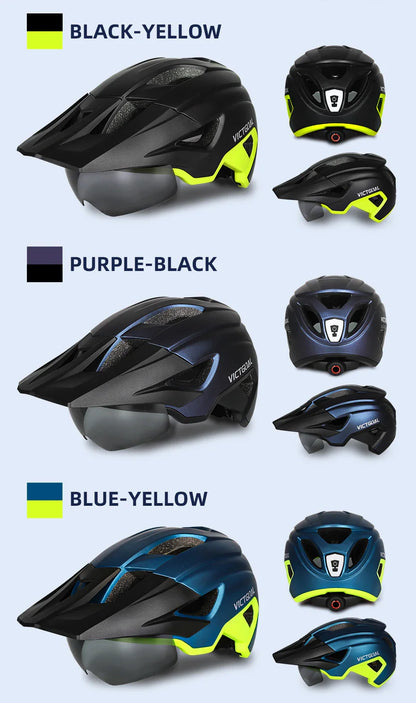 VICTGOAL LED Bike Helmet – Rechargeable Men’s Cycling Helmet with Sun Goggle Visor & Sunglasses Shield for Road & MTB Cycling