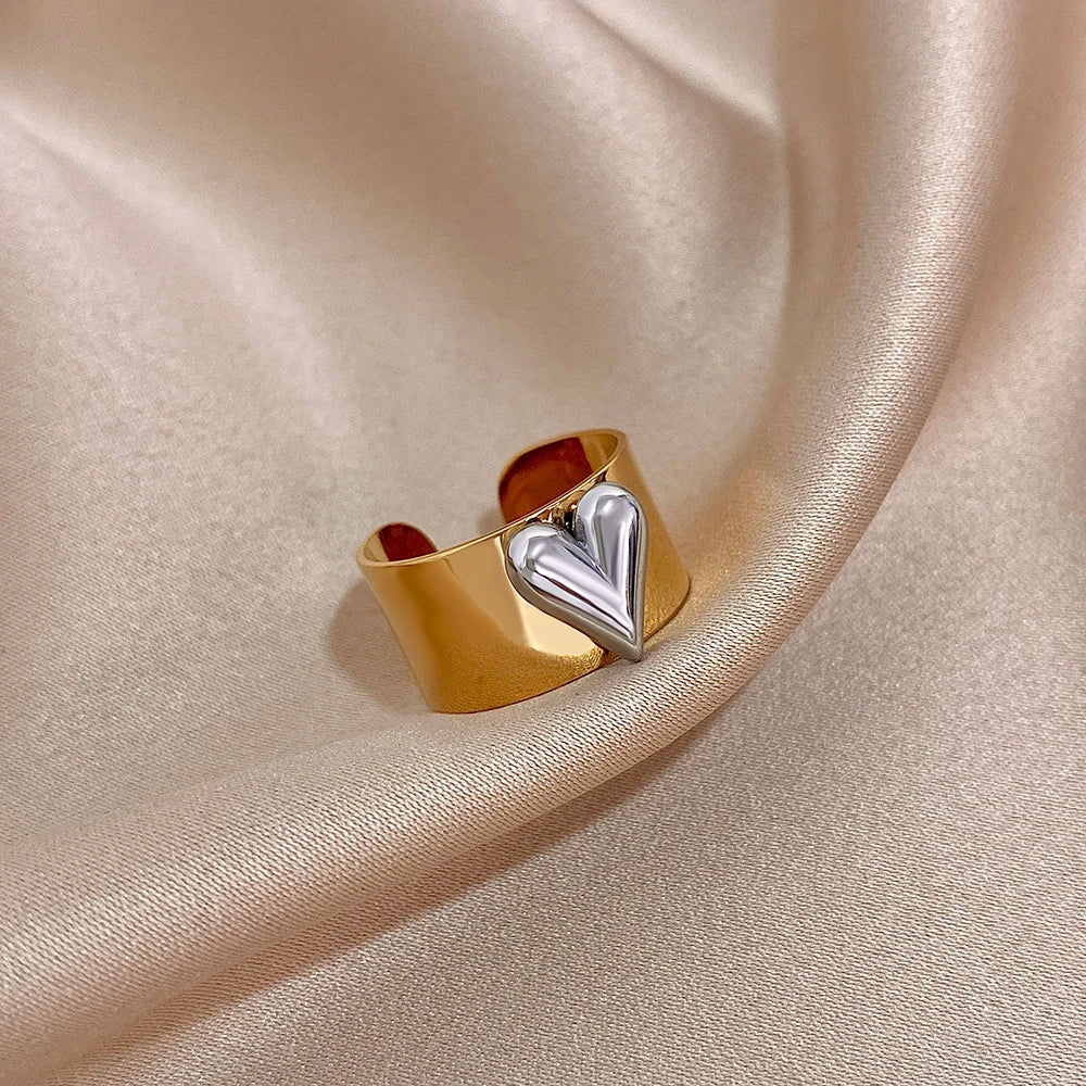 Greatera Stainless Steel Heart Cuff Ring – Wide Thick Statement Jewelry for Women & Men, European American Style