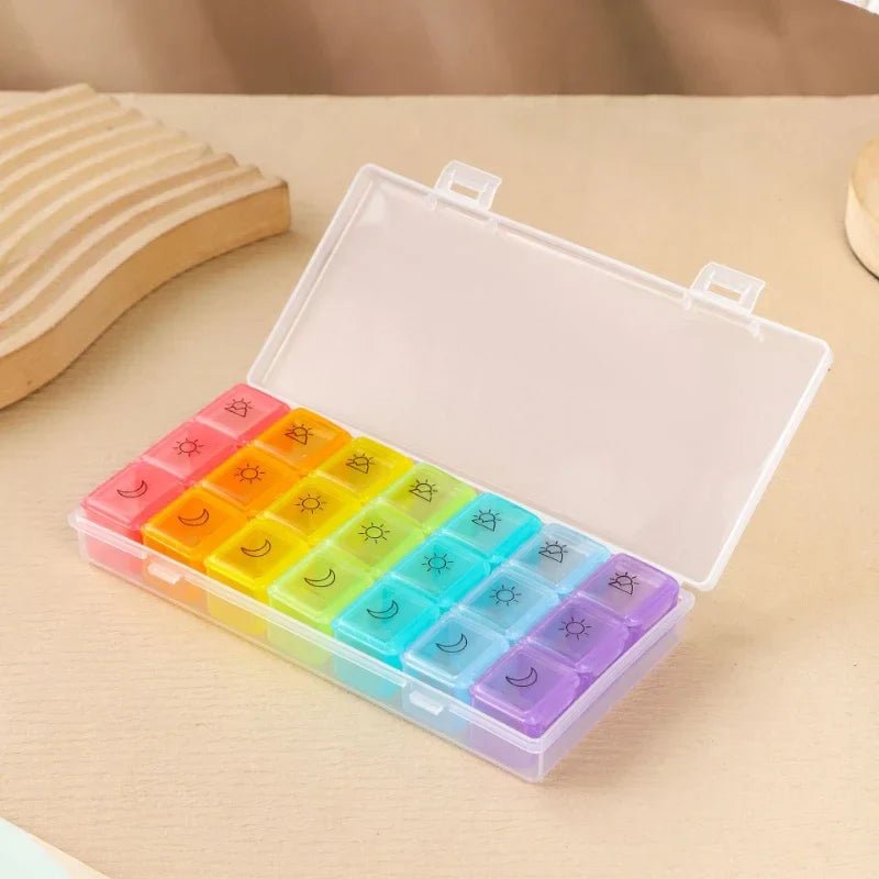 21/28-Grid Pillbox Storage — Portable Weekly 7-Day Medication Organizer, Plastic Pill Container Case