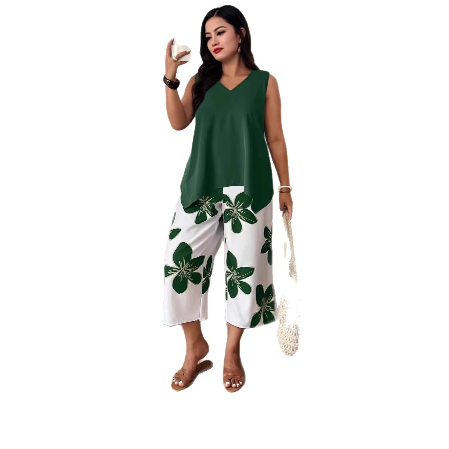 Women's Floral Print Sleeveless Summer Set - Elegant Casual 7/8 Length Fashion Outfit
