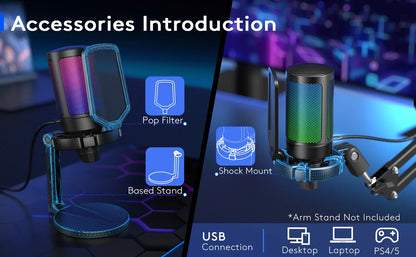AmpliGame by FIFINE USB Gaming Microphone — RGB Condenser Mic with Gain Knob, Touch Mute for Streaming, Podcast, PC, Switch & PS5 A6NEO
