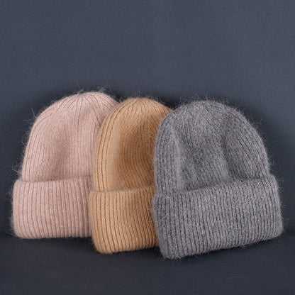 2024 Rabbit Fur Beanie – Soft Fluffy Winter Hat for Women, Angora Knitted Skullies, Warm Bonnet Knit Cap