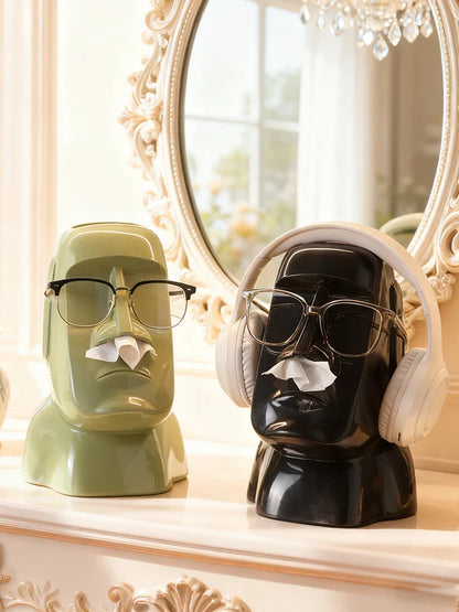 Miniso Moai Stone Statue Tissue Box & Glasses Holder – Multifunctional Home Decor Stand