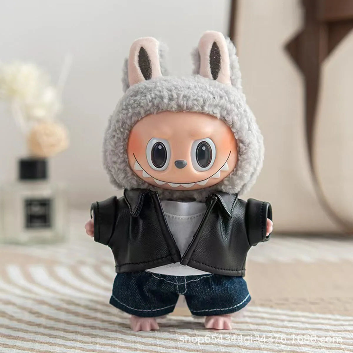 Leather Jacket & Skirt Set — Motorcycle Style Outfit for 17cm Labubu Dolls