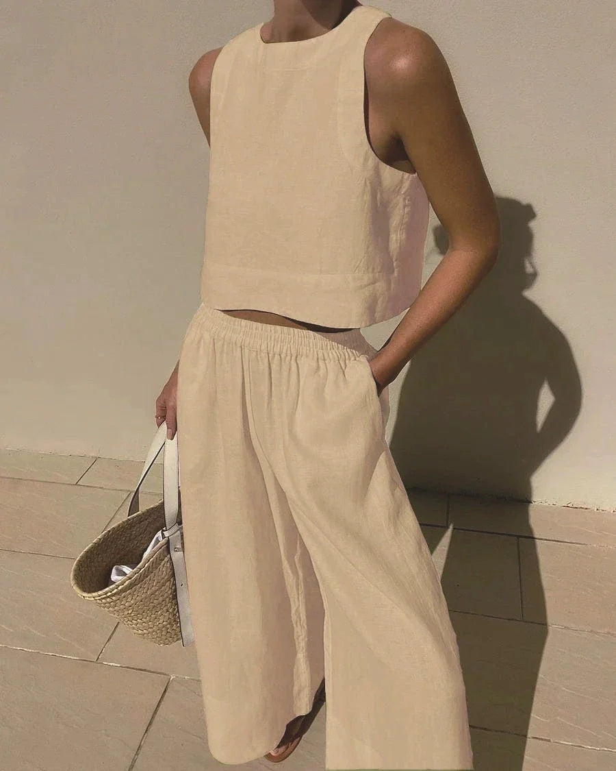 Women Cotton Linen 2-Piece Set – Sleeveless Lace-Up Top & Drawstring Long Pants Summer Commuting Outfit 2023 Fashion