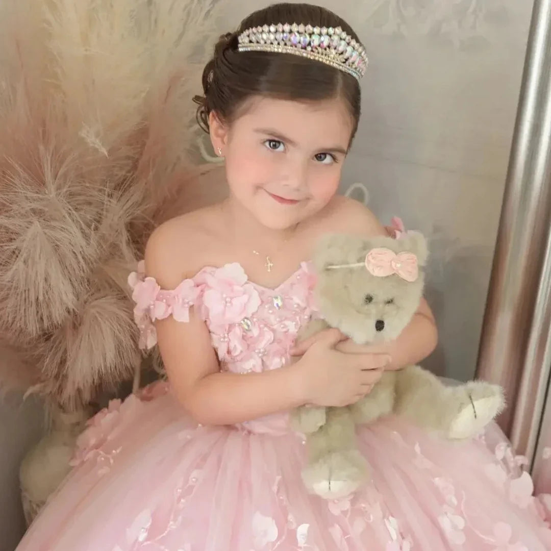 Pink Flower Girl Dress - 3D Floral Applique Pearl Tulle Gown for Weddings & Parties