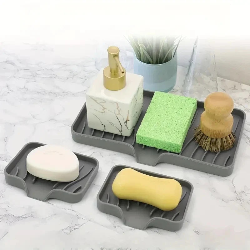 Sink Silicone Tray with Drain – Soap & Sponge Holder, Countertop Scrubber Brush Storage Rack, Kitchen Organizer