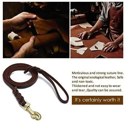 Genuine Leather Dog Leash – Braided Walking & Training Lead for Medium & Large Dogs, Brown & Black